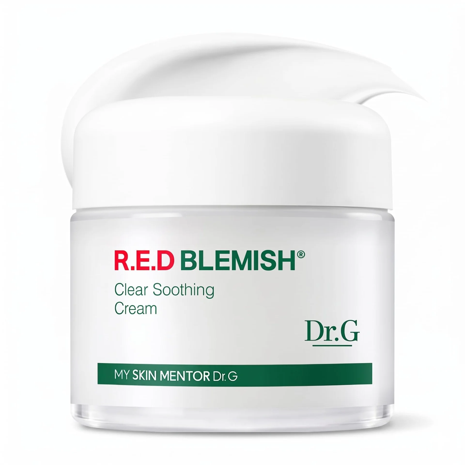 A jar of R.E.D Blemish Clear Soothing Cream by Dr.G with white cap, used for skincare and blemish reduction.